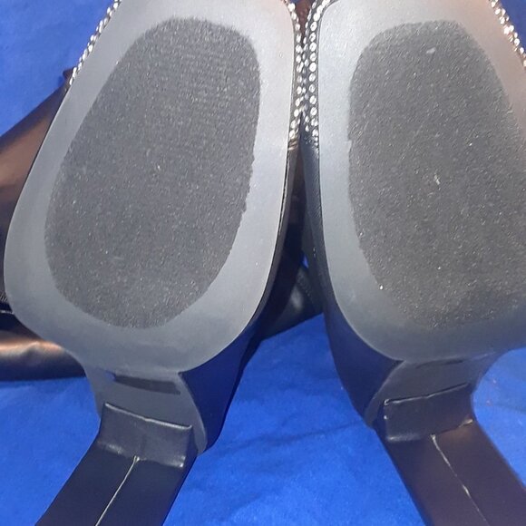 Black Rhinestone Closed Toe Thigh High Heels Boots - Picture 6 of 7